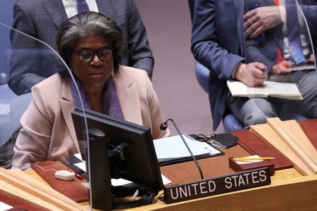 米国のトーマスグリーンフィールド国連大使は３１日、北朝鮮が７回目の核実験を行った場合、国連安全保障理事会に再び制裁強化決議案を提出すると表明した。資料写真、４月撮影（２０２２年　ロイター／Andrew Kelly）