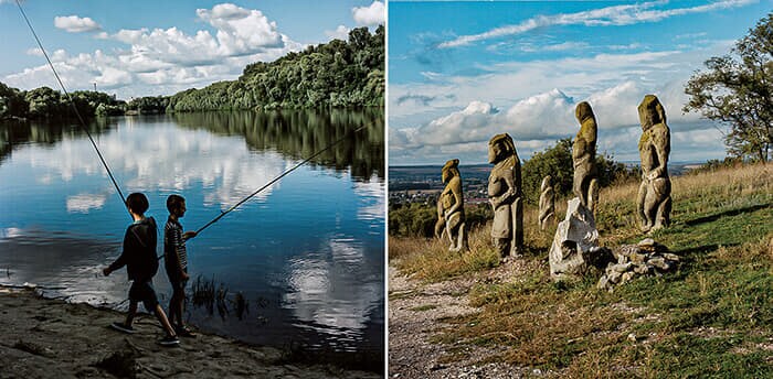 ロシア軍に破壊された9～13世紀頃のダッタン人女性の石像（東部イジューム、9月）／空襲警報の合間に川で釣りを楽しむ少年たち（チェルニヒウ、7月）