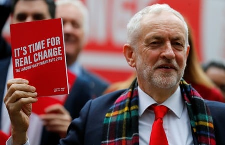 英最大野党の労働党のコービン党首は２１日、１２月１２日投開票の総選挙に向けたマニフェスト（政権公約）を発表した（２０１９年　ロイター/PHIL NOBLE）