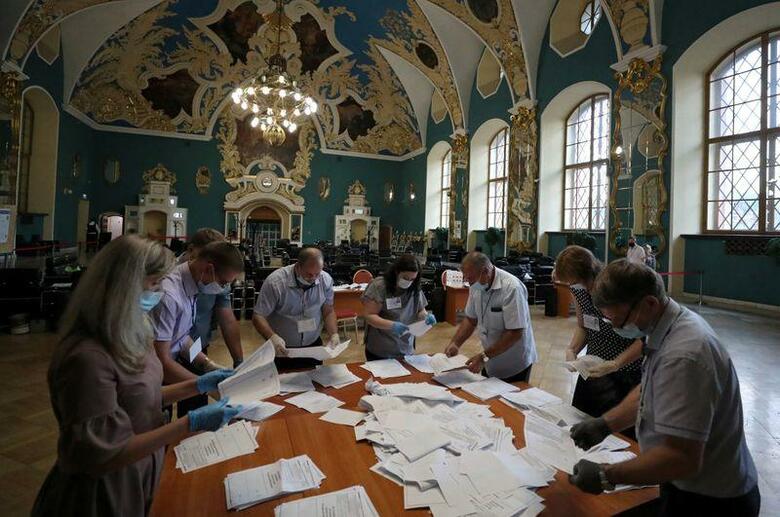 ロシアで憲法改正法案の賛否を問う全国投票が実施された。中央選挙管理委員会が発表した暫定開票結果によると、賛成が8割近くに達した。写真はモスクワで開票作業を行うスタッフ(2020年　ロイター/Evgenia Novozhenina)