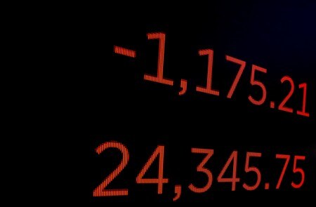 　２月７日、米ＣＢＯＥグローバル・マーケッツ<CBOE.O>のエド・ティリー最高経営責任者（ＣＥＯ）は、今週５日の米国株急落について、ボラティリティー・インデックス（ＶＩＸ指数）に連動する上場取引型金融商品（ＥＴＰ）が原因ではないとの認識を示した。写真はニューヨーク証券取引所に表示された米ダウ指数の５日終値。（２０１８年　ロイター／Brendan McDermid）