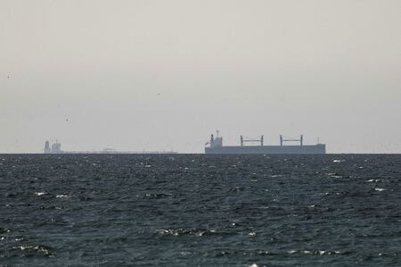 ホルムズ海峡近くのペルシャ湾を航行する貨物船。アラブ首長国連邦（ＵＡＥ）北部ラアス・アル＝ハイマから１１日撮影。REUTERS/Stringer
