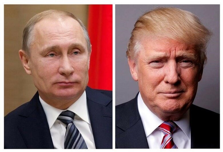 １２月１４日、ロシアのプーチン大統領は、米国はトランプ大統領の反対派がでっち上げた偽物の「スパイマニア」に支配されていると批判した。ただ、損なわれた米ロ関係は回復するとの見方を示した。写真は年末恒例の記者会見をしたプーチン大統領（左）と米国トランプ大統領（右）代表写真（２０１７年　ロイター）