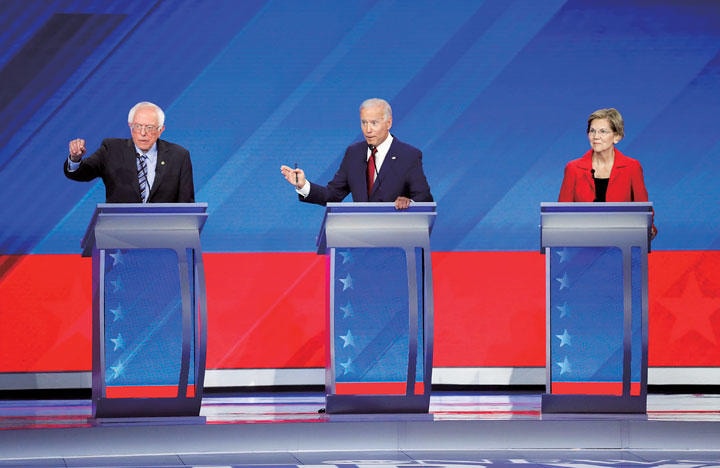 支持率上位のバイデン（中央）、ウォーレン（右）、サンダース（左）の優位がさらに際立つ結果に　HEIDI GUTMAN-WALT DISNEY TELEVISION/GETTY IMAGES
