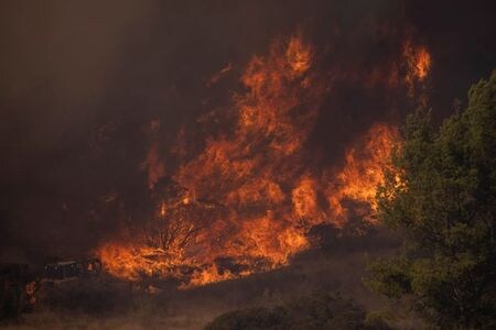 　１２月３日　米カリフォルニア州南部オレンジ郡の渓谷で２日夜に発生した山火事が拡大し、消防士２人が負傷したほか、郡内の住民約２万５０００人が避難を余儀なくされている。写真は１２月３日、カリフォルニア州オレンジ郡で撮影（２０２０年　ロイター/Mike Blake）