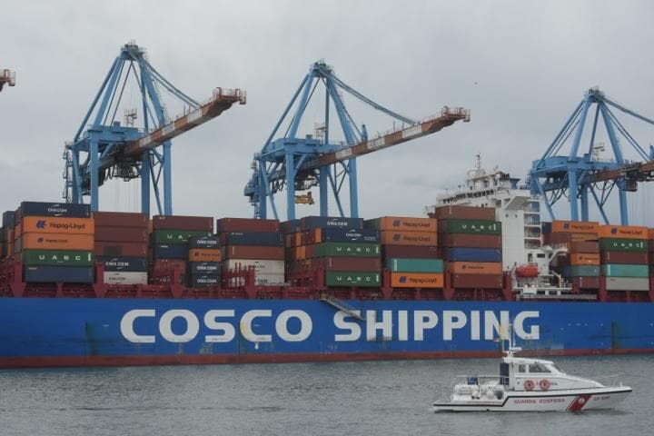 ジェノバ港に停泊するCOSCOの貨物船（5月、筆者撮影）