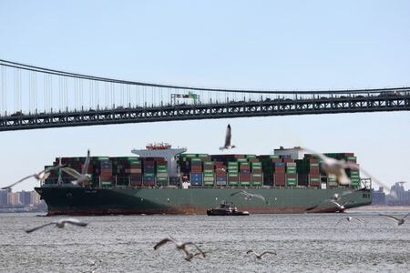 米ニューヨーク港に到着するためベラザノ・ナローズ橋の下を通過するコンテナ船。１月撮影。REUTERS/Brendan McDermid/File Photo