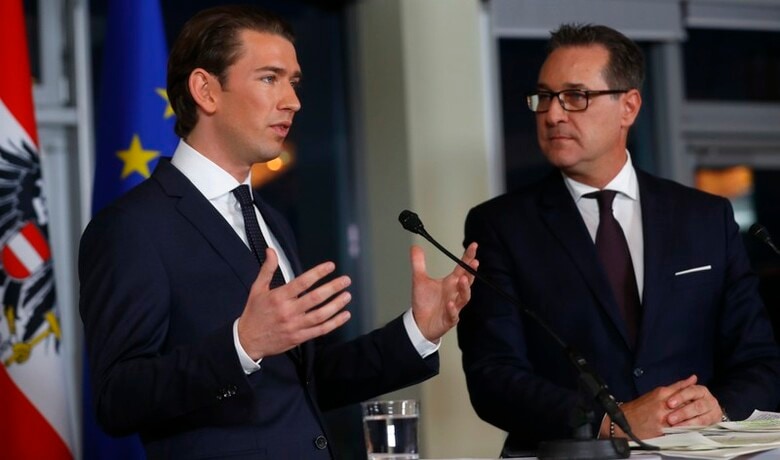 １２月１５日、１０月に行われたオーストリア国民議会（下院）選挙で第１党となった中道右派の国民党が、第３党の極右・自由党と連立政権樹立で合意した。現在、極右政党が政権を担う西側諸国は存在せず、オーストリアが唯一の国となる。会見する国民党のクルツ党首（左）と自由党のシュトラッヘ党首（右）。16日、ウィーンで撮影（2017年　ロイター／Leonhard Foeger）