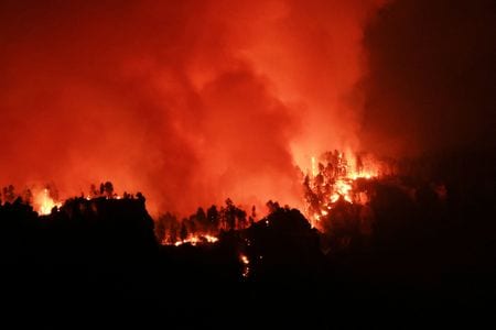 　米国が今年、過去１０年で最多の山火事発生に見舞われる中、トランプ政権の人員削減で消防隊員が不足しているとの批判が米森林局の職員らから上がっている。写真は「ドラゴン・ブラボー・ファイア」と名付けられた火災の様子。７月１４日、グランドキャニオンで撮影（２０２５年　ロイター/David Swanson）