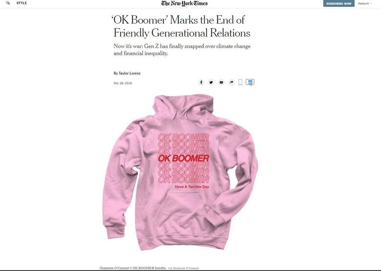 人気のOKブーマー・パーカーをあしらったニューヨーク・タイムズ電子版の記事　New York Times