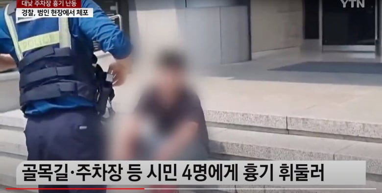 駆けつけた警察官に逮捕される直前の犯人　YTN / YouTube