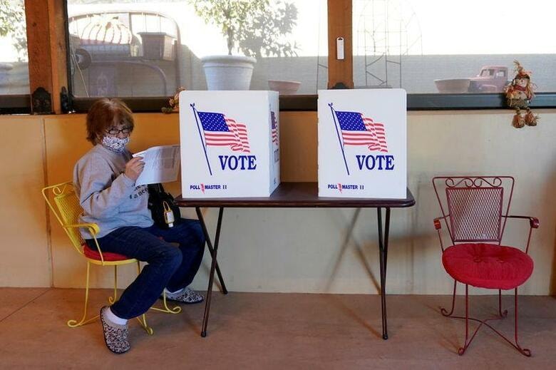 ３日に行われた米国の連邦および州議会選挙では、LGBTQ（性的少数者）の候補が相次いで歴史的な勝利を収めた。写真はオクラホマ州ドーバーで投票する有権者（２０２０年　ロイター/Nick Oxford）