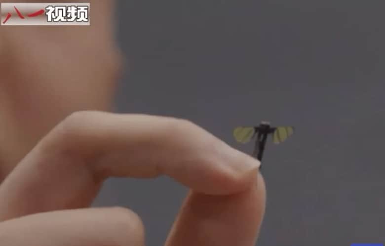 中国・湖南省の国防科技大学の学生が「蚊サイズ」のドローンを手にした様子。6月14日にCCTVで報じられた　CCTV