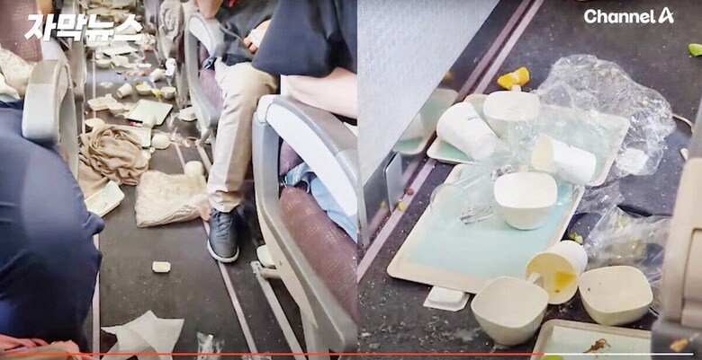乱気流によって機内食などが飛び散った大韓航空機機内の様子　채널A News / YouTube