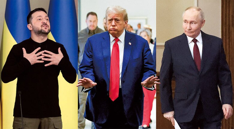 ゼレンスキー（左）とトランプ（中央）が停戦交渉に前向きな一方で、プーチン（右）は強硬姿勢を崩さない　FROM LEFT: TARASOVｰUKRINFORMｰSIPA USAｰREUTERS, SHANNON STAPLETONｰREUTERS, GETTY IMAGES
