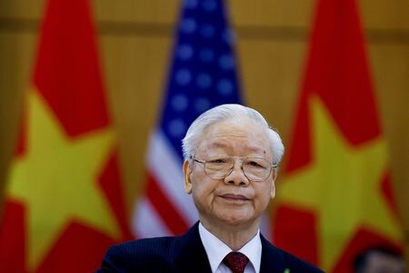 　７月２０日、ベトナム政府は、１９日に８０歳で死去したベトナム共産党のグエン・フー・チョン書記長（写真）の国葬を行うと発表した。昨年９月、ハノイで撮影（２０２４年　ロイター/Evelyn Hockstein）