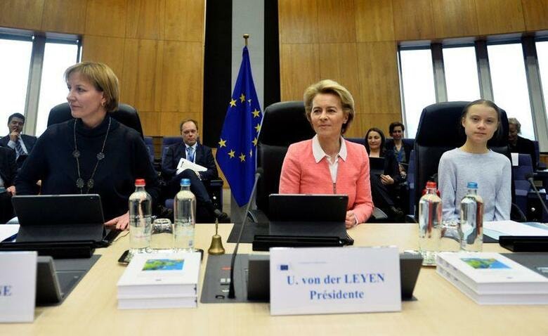 欧州連合（EU）の欧州委員会は温室効果ガスの域内での排出量を2050年までに実質ゼロとするEUの目標に法的な拘束力を持たせる「欧州気候法案」を発表した。写真は同日の会合に出席したフォンデアライエン欧州委員長（中央）とスウェーデンの環境活動家グレタ・トゥーンベリさん（右）（2020年　ロイター/Johanna Geron）