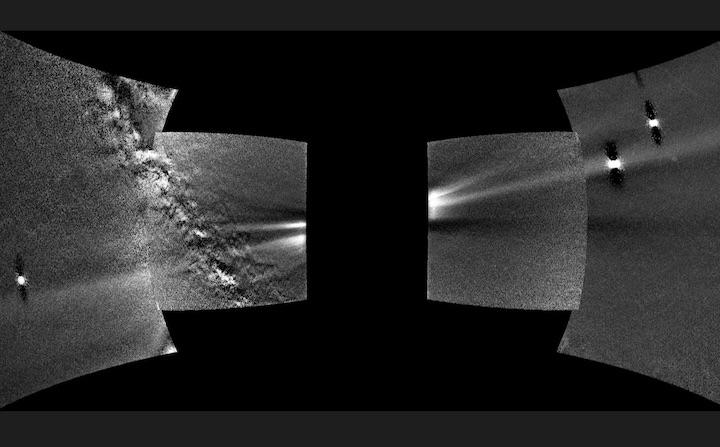 右上から左下に光る帯が金星のダストリング　中央が太陽、左下の点が地球　NASA/Johns Hopkins APL/Naval Research Laboratory/G. Stenborg & B. Gallagher