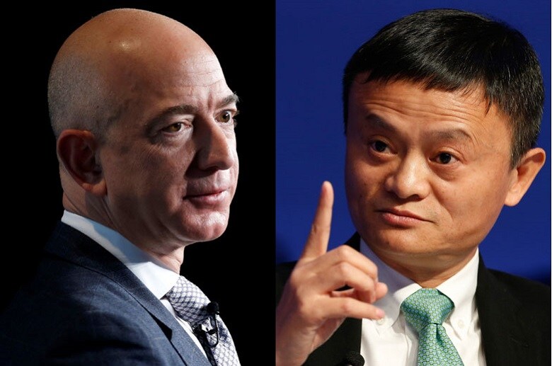 アマゾンのジェフ・ベゾス（左）とアリババのジャック・マー（右）　Left: Joshua Roberts- REUTERS, Right: Ruben Sprich- REUTERS
