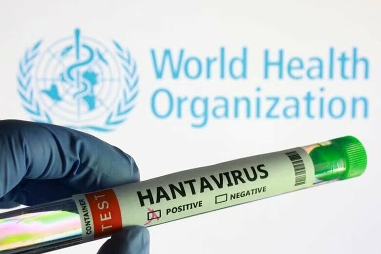 「ハンタウイルス陽性」と書かれた試験管と世界保健機関（WHO）のロゴ。５月撮影。REUTERS/Dado Ruvic/Illustration