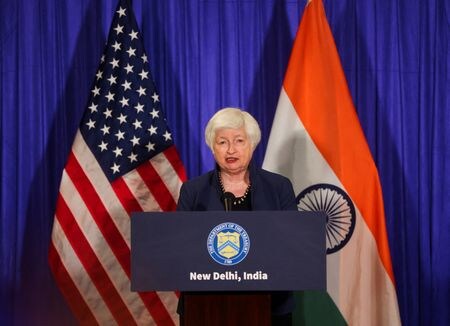 　９月８日　イエレン米財務長官（写真）は８日の記者向けブリーフィングで、週末に開催される２０カ国・地域（Ｇ２０）首脳会議終了時の共同声明作成に向け、インドと協力する用意があると述べた。８日、インド・ニューデリーで撮影（２０２３年　ロイター／Francis Mascarenhas）