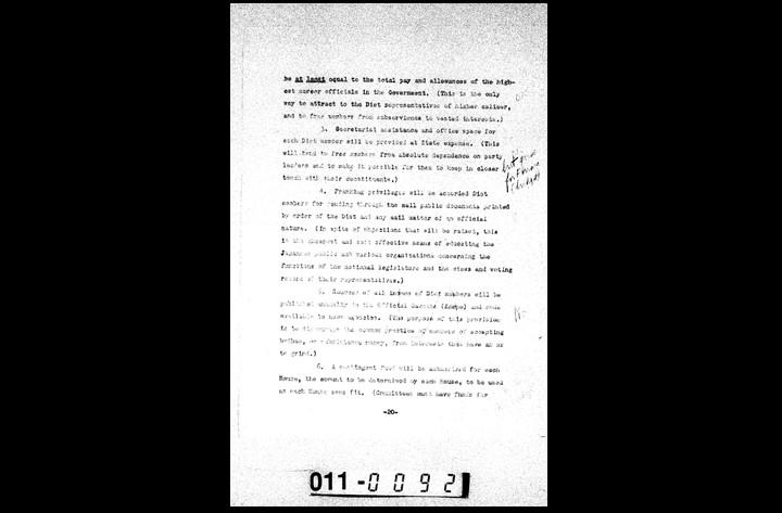 GHQのウィリアムズが国会議員の郵便無料化について起草した勧告原案 （国立国会図書館所蔵マイクロフィルム）
