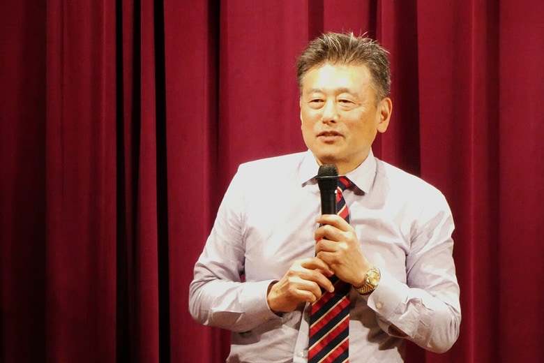 「地球防衛」がテーマの一般向け講演会に登壇したJAXA宇宙研・藤本正樹所長（4月6日）　筆者撮影