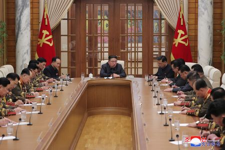 　北朝鮮国営の朝鮮中央通信（ＫＣＮＡ）は１２日、金正恩朝鮮労働党総書記が主宰する会議で重要かつ実用的な戦争抑止措置の実施が決定されたと報じた。平壌で撮影。ＫＣＮＡが１１日配信（２０２３年　ロイター）