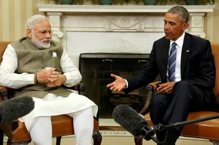 　６月７日、オバマ米大統領とインドのモディ首相はホワイトハウスで会談し、インドにおける６基の原子炉建設計画に関する準備作業の開始を歓迎すると表明した。写真はワシントンで撮影（２０１６年　ロイター/Jonathan Ernst）