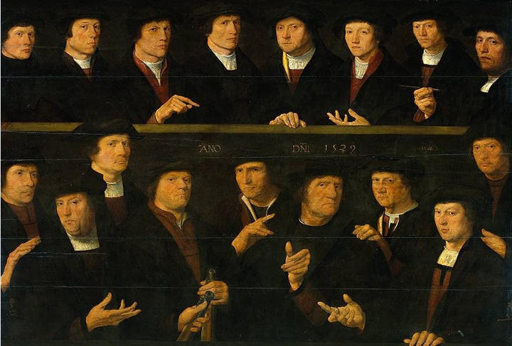 図1　顔はどれも気難しいが、手は雄弁に語っている。Dirck Jacobsz, A Group of Guardsmen, 1529