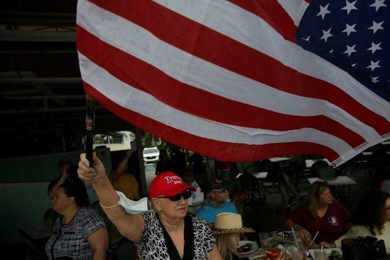 トランプ米大統領が２０１６年の選挙で勝利を果たした際に重要な支持基盤となった中高年層が、新型コロナウイルスのパンデミックとともにトランプ氏から離れつつあることが、ロイター／イプソスの世論調査データで明らかになった。写真は３日、フロリダ州フォート・ローダーデールで撮影したトランプ氏の支持者（２０２０年　ロイター／Marco Bello）