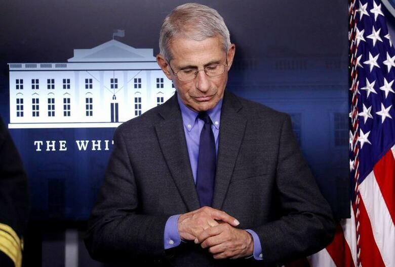 米国立衛生研究所（NIH）傘下の米国立アレルギー・感染症研究所のファウチ所長は14日、新型コロナウイルス感染拡大でほぼ休止状態となっている米経済活動を5月1日に再開する目標は「やや楽観的すぎる」との認識を示した。13日撮影（2019年　ロイター/LEAH MILLIS）