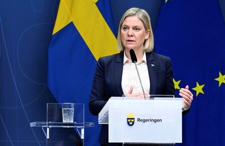 スウェーデンのアンデション首相は８日、北大西洋条約機構（ＮＡＴＯ）加盟に否定的な見方を示した。２月２７日、ストックホルムで撮影（２０２２年　ロイター TT News Agency/Jessica Gow/via REUTERS）