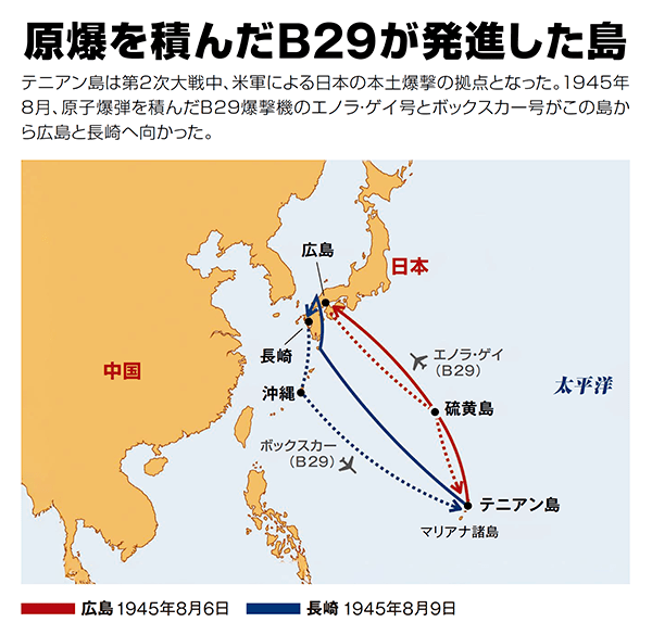 テニアン島・日本・中国の位置を示す世界地図