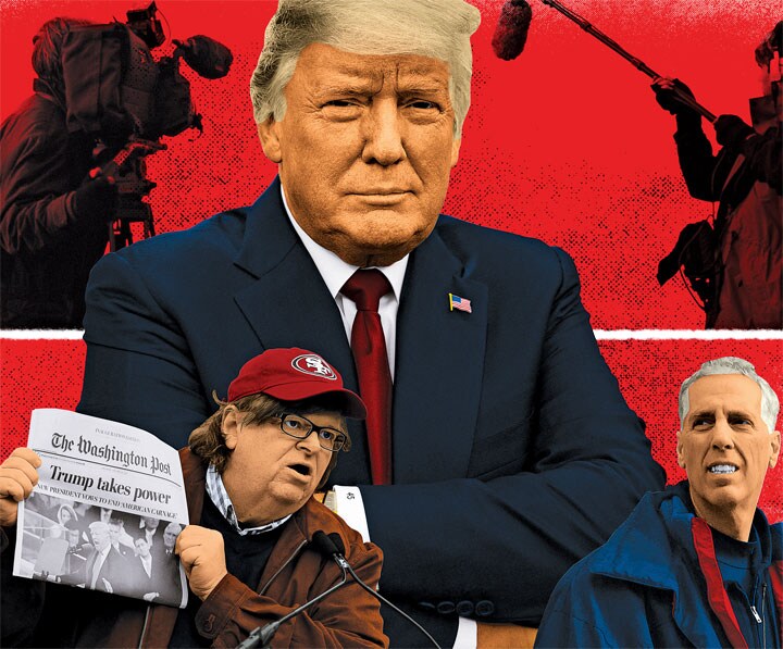 トランプの勝利を見通したムーア（下左）とスターン（下右）　PHOTO ILLUSTRATION BY GLUEKIT, AL DRAGOーBLOOMBERG／GETTY IMAGES (TRUMP), PAUL MORIGIーWIREIMAGE／ GETTY IMAGES (MOORE), KEVIN FORD/SONY PICTURES CLASSICS (STERN), BOB THOMAS／GETTY IMAGES (CAMERA CREW)