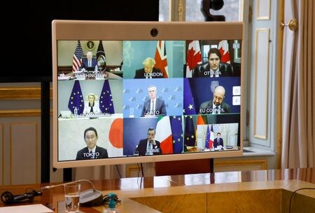 主要７カ国（Ｇ７）は２４日、ロシアによるウクライナ侵攻を強く非難した上で、ロシアに対する厳格かつ協調した経済・金融制裁を実施すると発表した。フランスで撮影（２０２２年　ロイター）
