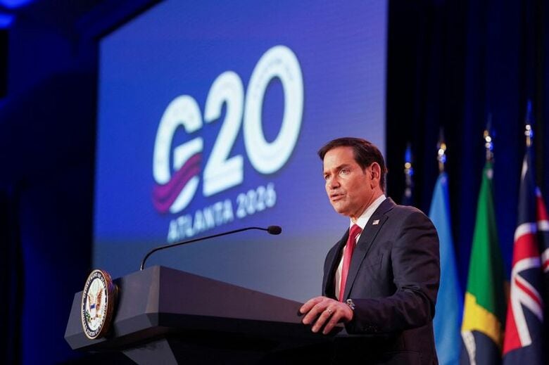 写真は米ジョージア州アトランタのジョージア・アクアリウムで開催されたＧ２０外相会議の歓迎レセプションで話すルビオ米国務長官。代表撮影。REUTERS