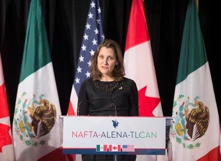 　７月１９日、メキシコ外務省は、カナダのフリーランド外相が２５日にメキシコを訪問し、次期大統領のロペスオブラドール氏と会談を行い、北米自由貿易協定（ＮＡＦＴＡ）について協議すると発表した。写真はＮＡＦＴＡ第６回交渉の際会見する同外相。１月にモントリオールで撮影(２０１８年　ロイター／Christinne Muschi)