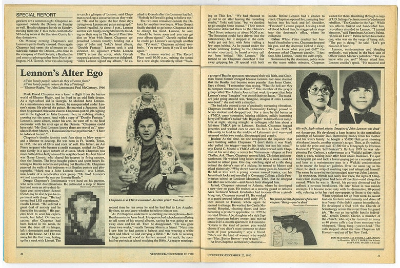 事件直後に犯人の経歴を伝えたニューズウィーク米国版1980年12月22日号のページ。左下は購入したダリのリンカーンの肖像画