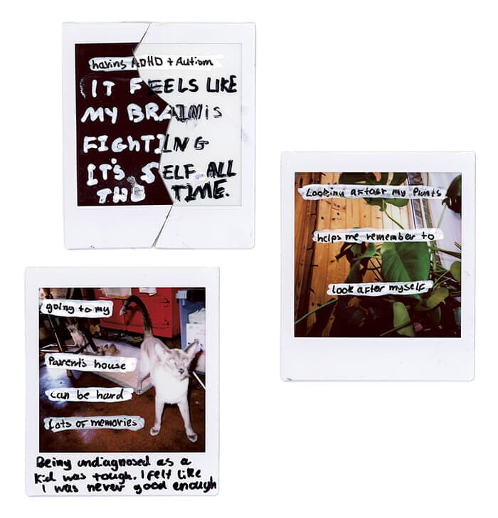 右)「植物の手入れをしていると、自分を大事にしようと思える」──リジーの部屋にはもともと温室だったスペースがある。陽光が降り注ぐ自分の世界で、彼女は植物と共に暮らしている<br>
左上)「ADHDと自閉症が頭の中でいつもけんかしてるみたいな感じ」──両者は重なることもあれば相反することもある。その時どちらに偏っているのかは、例えば自室の散らかり具合にも表れる<br>
左下)「実家へ帰るのは思い出がありすぎてつらい」「いつも自分は駄目だと思ってた」──大人になってADHD・自閉症と診断されたリジーの幼い頃はトラブル続き。両親との衝突も日常茶飯事で、実家は安らぎとトラウマが同居する複雑な場所だ