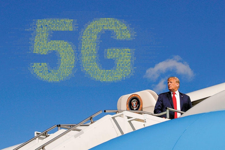 自己中心的な外交のせいでトランプは世界にそっぽを向かれている　PHOTO ILLUSTRATION BY NEWSWEEK JAPAN; IMAGES: LEAH MILLIS-REUTERS (TRUMP), ILLUSTRATION BY BOOKZV-SHUTTERSTOCK (5G)