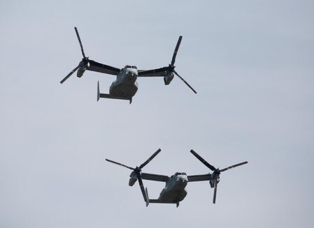 　１０月２３日、安倍晋三首相は埼玉県の陸上自衛隊朝霞訓練場で行われた観閲式で訓示し、安全保障関連法によって日米同盟はさらに強固なものになったとの考えを示した。写真は米軍のオスプレイ（２０１６年　ロイター/Kim Kyung-Hoon）