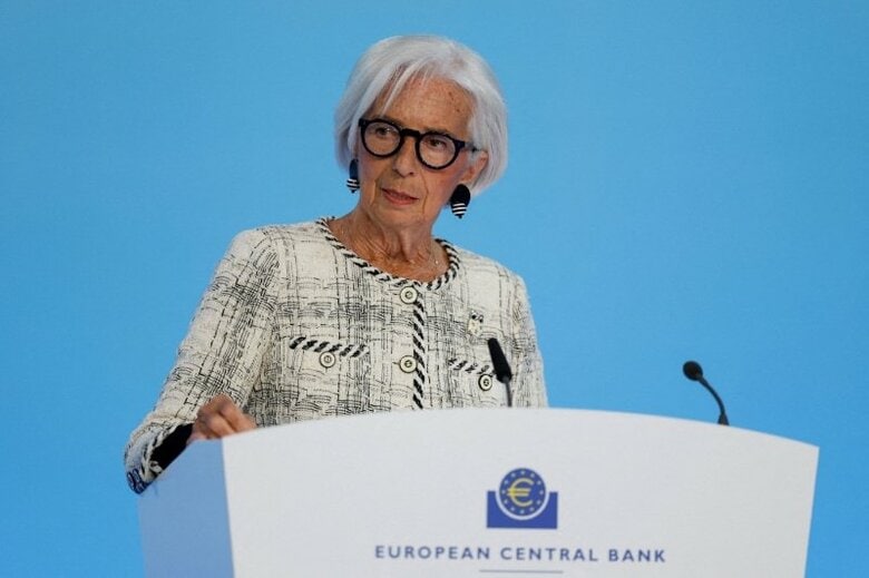 欧州中央銀行（ＥＣＢ）のラガルド総裁。ドイツ・フランクフルトで４月撮影。REUTERS/Heiko Becker