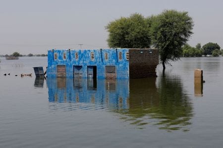 ７月２７日、世界気象機関（ＷＭＯ）は報告書で、気候変動の影響で干ばつや洪水など異常気象による災害がアジアで増えており、食料安全保障や生態系に影響を及ぼすと警告した。写真はパキスタン・セーワン地方の水害現場で２０２２年９月撮影（２０２３年　ロイター/Akhtar Soomro）