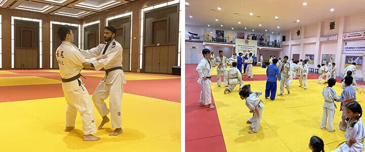 (左)パーマー選手への指導風景(右)長尾さんが一般人向けに指導する道場