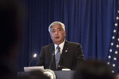 　５月３０日、中谷防衛担当相は、アジア安全保障会議で講演し、南シナ海の埋め立てに懸念を示した。写真は４月にニューヨークで講演したときの防衛担当相（２０１５年　ロイター／Andrew Kelly）