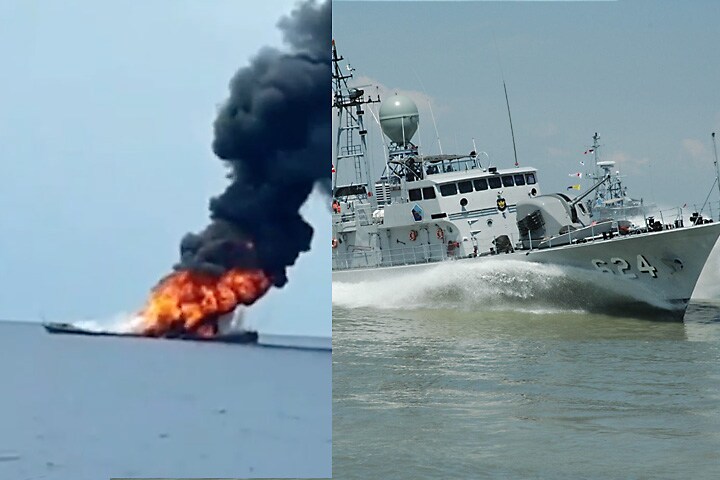 燃えさかるインドネシア海軍のミサイル艇「レンチョン622」（左）と同型艦「Keris 624」 (c) Antara TV / YouTube, TNI-AL