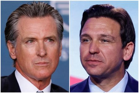 　２０２４年米大統領選の共和党候補指名を目指すフロリダ州のデサンティス知事（４５、写真右）は、カリフォルニア州のニューサム知事（５５、民主党、左）と１１月３０日にＦＯＸニュース・チャンネルで９０分の討論会を行う。左は５月２日にビバリーヒルズ、右は９月１５日にワシントンで撮影（２０２３年　ロイター/Mike Blake/Jonathan Ernst）