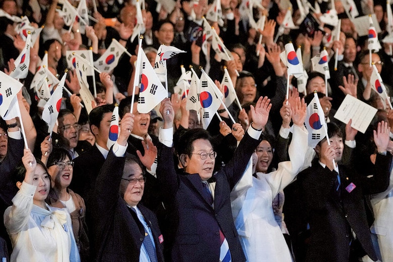 「光復節」80年を祝う式典に出席した李在明（8月15日、ソウル）　AHN YOUNG-JOON―POOL―REUTERS