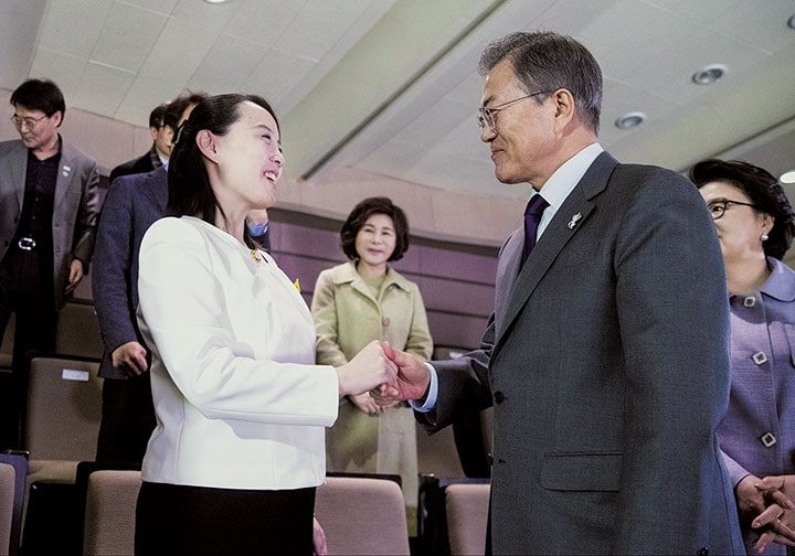 平昌五輪で訪韓した金与正（左）と握手する文大統領　Yonhap-REUTERS